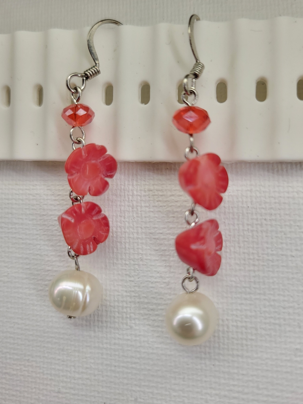 Natural Coral Flower & Pearl Dangle Earrings Red White Silver Tone